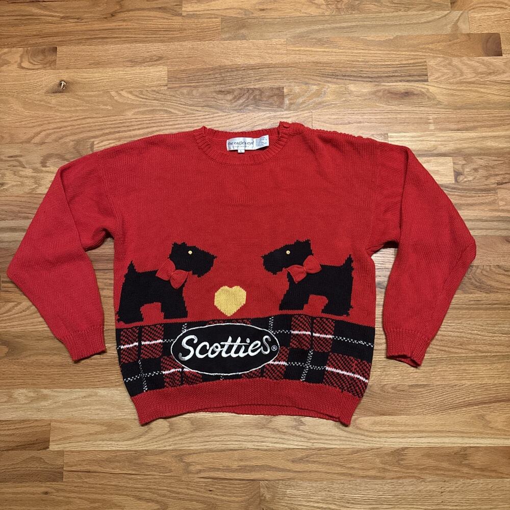 Vintage The Eagles Eye Red Scottie Dogs Plaid Sweater Knit Women's Size Large - Picture 1 of 8